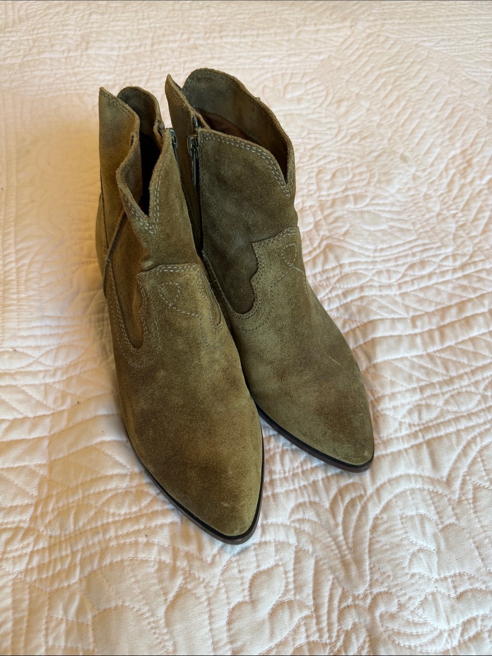 Frye Olive Green Suede Pointed Ankle Booties
